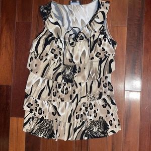 Frank Lyman Design Leopard cheetah blouse top ruffle size 8 cream black